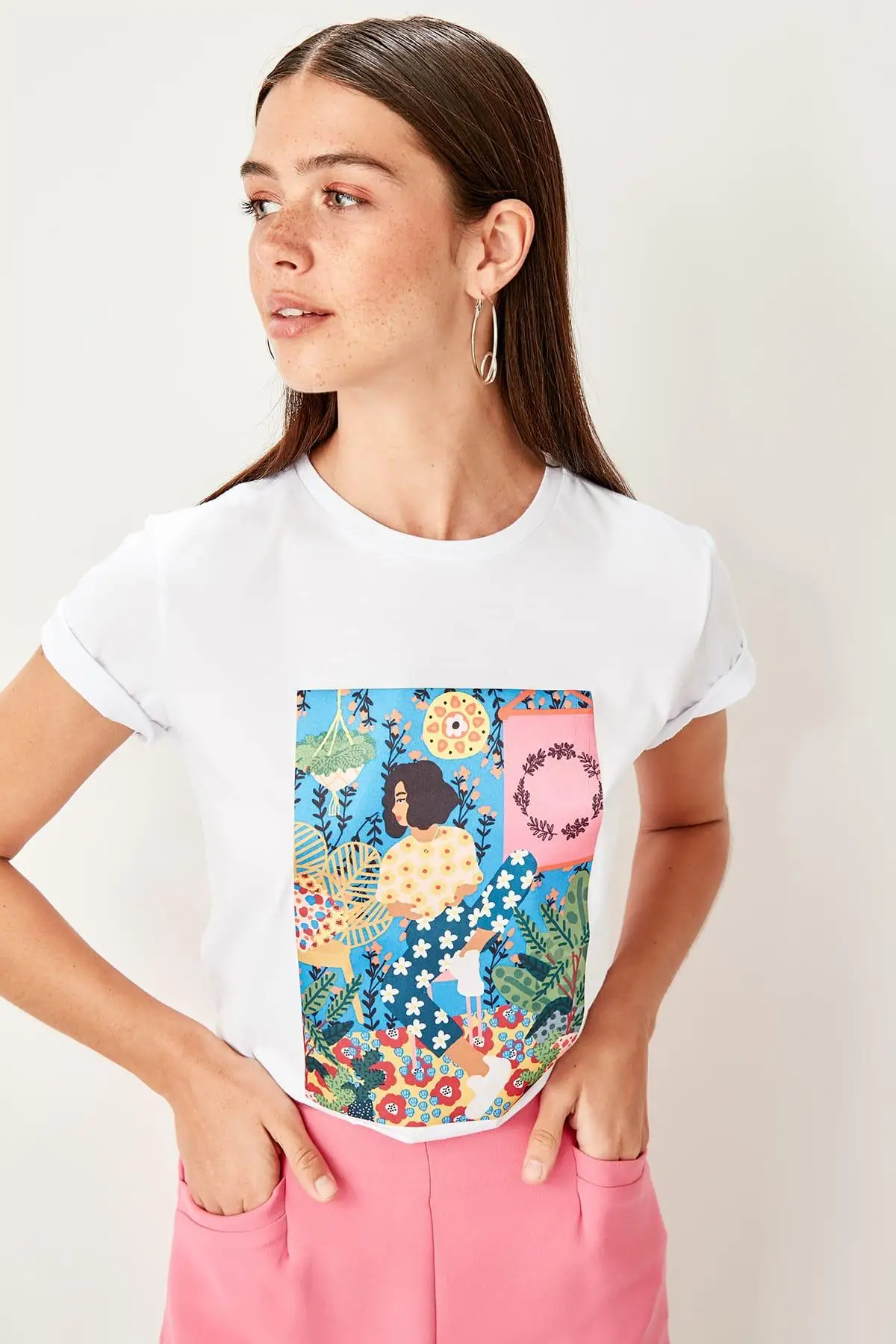 Trendyol белые Базовые Трикотажные футболки с принтом TWOSS19TS0172|Футболки| |