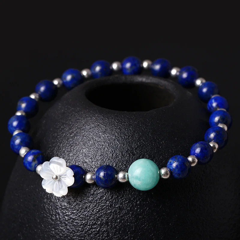

Mother Pearl Flower Lapis Lazuli & Amazonite Stone Bead Bracelet Women Sterling Silver 925 Jewelry Original Design Natural Stone