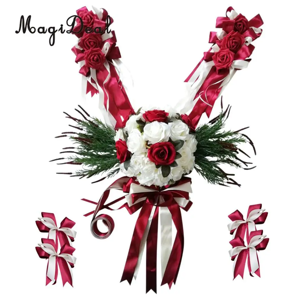 MagiDeal 12pcs/Set Wedding Car Decorations Kit DIY Artificial Silk Flower Ribbon Bows Car Roof Door Mirror Wedding Supplier