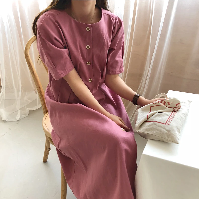 

Women Summer Cotton Linen Long Vintage Shirt Dress Ladies Bodycon Vestidos Slim Waist Robe Femme Sukienki Jurken Vestito Donna