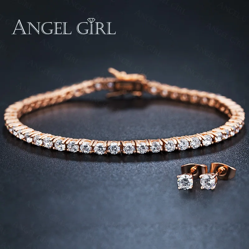 

Angel Girl WHOLESALE jewelry sets 4MM Rose Gold Color with clear Cubic Zircon Bracelet & Earring for Women wedding/party gift