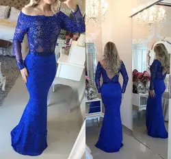 Великолепная Русалка Пром Платья 2017 Горячие Продажа Сексуальная Royal Blue Lace Аппликации Длина Пола Вечернее GownLong Рукава Плюс Размер