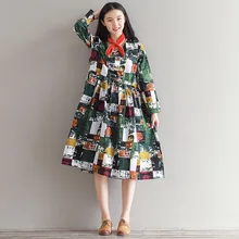Fashion Autumn Chinese Style Print 2017 New Women Dresses Long Sleeve V-Neck Plus Size Loose Cotton Linen Vintage Lady Dress
