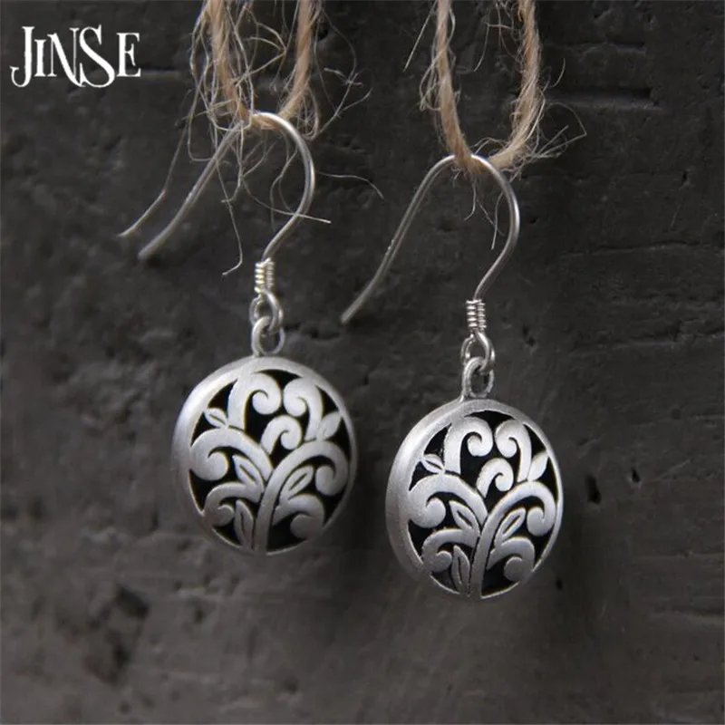 

JINSE Simple Vintage S925 Pure Silver Drop Earrings Hollow Out Flower Earrings Dangling Ethnic Women Charms Brincos Jewelry