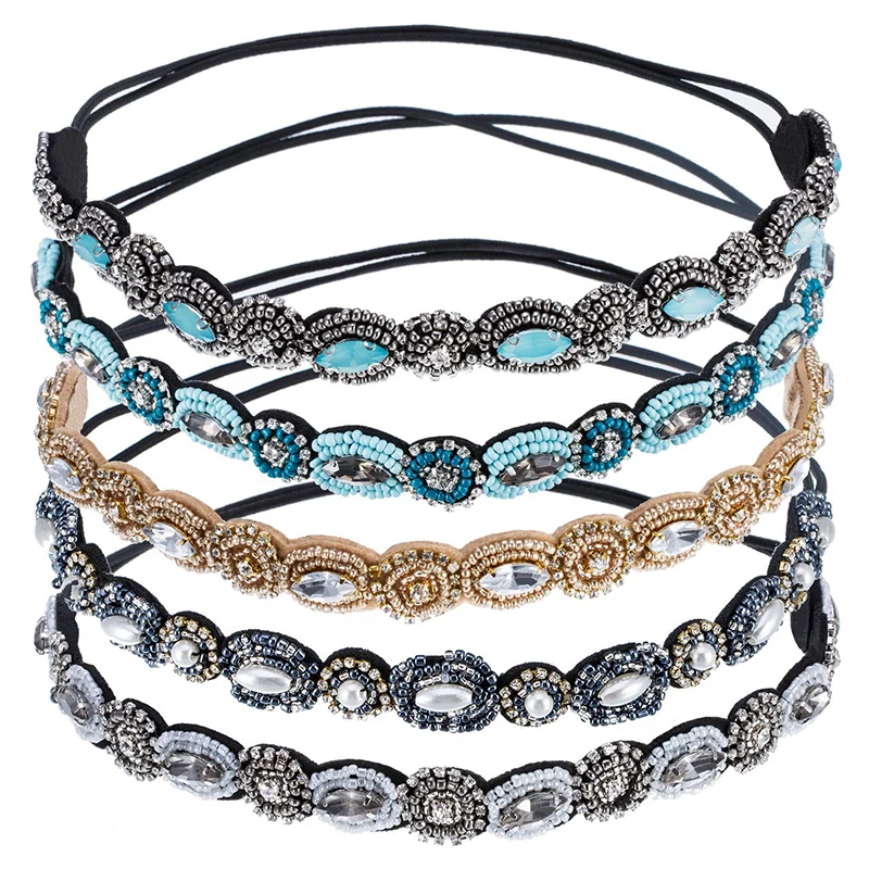 5 Pieces Rhinestone Beaded Elastic Headband handmade elastic headband
