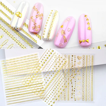 

1 Sheet Gold Metal Chains Nail Stickers 3D Mix Wave Heart Bow Golden Metallic Adhesive Sticker DIY Manicure Nail Art Decorations