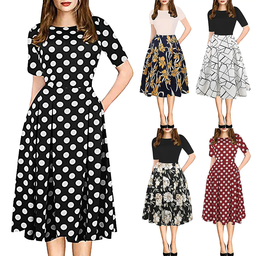 

Dress Fashion Retro Womens Vintage Patchwork Pockets Puffy Swing Print Casual Party Dress Summer Female Vestidos Sundress C40#
