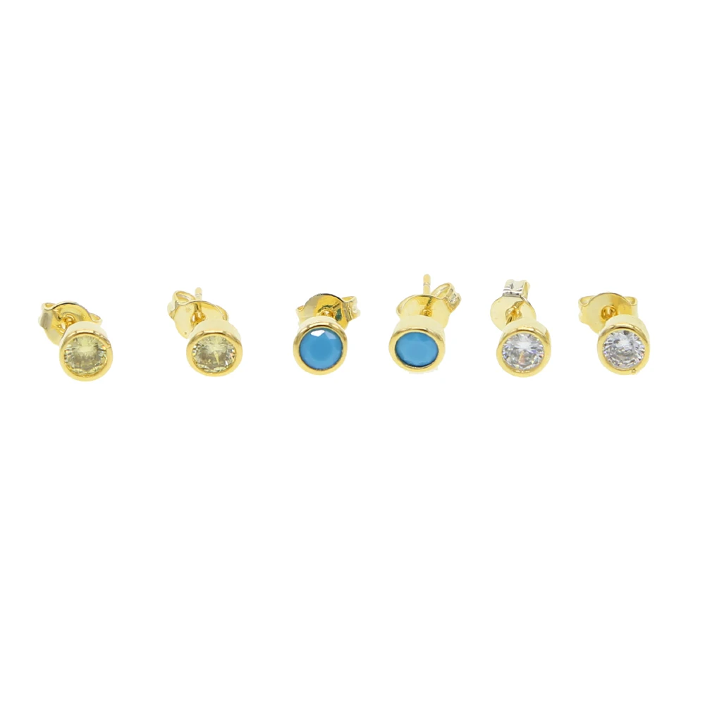 

3 Gold colors stone 4mm beze cz stud earring for girl the second stud white blue yellow Zirconia minimal single stone earrings