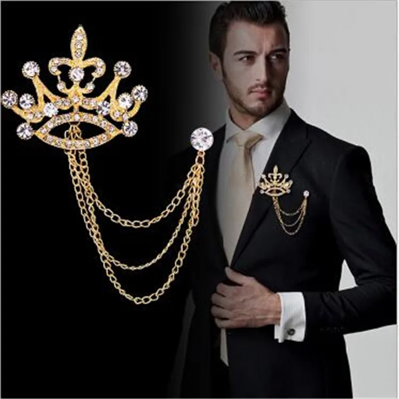 

WKOUD Creative Men Chain Tassel Brooch Gold Silver Crown Badge Cross Brooch Pins for Men Jewelry Accessories