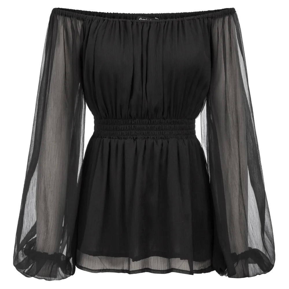 

vintage blouse Sexy Women tops shirt Summer Long Sleeve Off Shoulder Elastic Waist solid color elegant party retro shirt ladies
