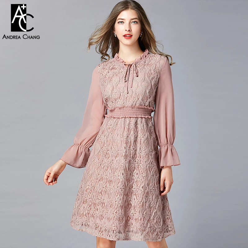 Mujer talla grande vestido L 5XL alta calidad verano primavera vestido flare manga hasta la rodilla moda dulce lindo encaje rosa vestido|Vestidos| - AliExpress