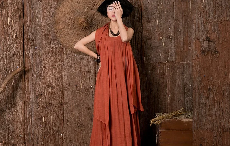

Summer Autumn Solid Colour 2018 New Original Literary Women'S Sleeveless Vest Dress With Scarf