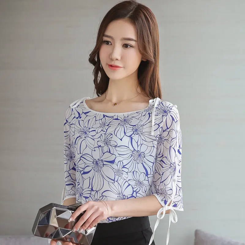2018 г. летние женские Blusas лук Половина рукавом женский цветочный шифоновая блузка