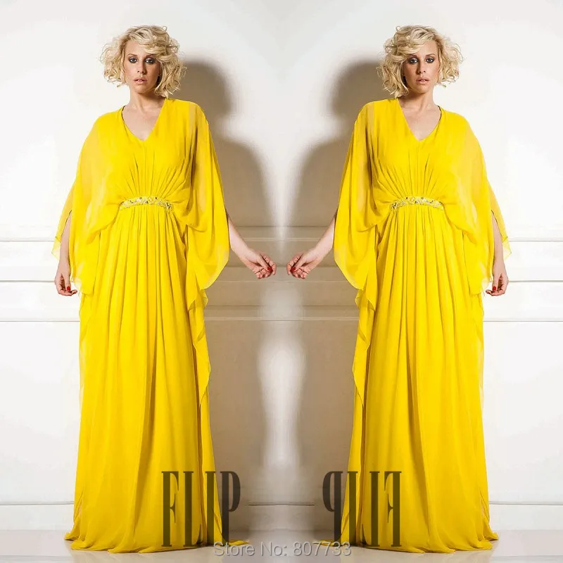 yellow flowy dress with sleeves