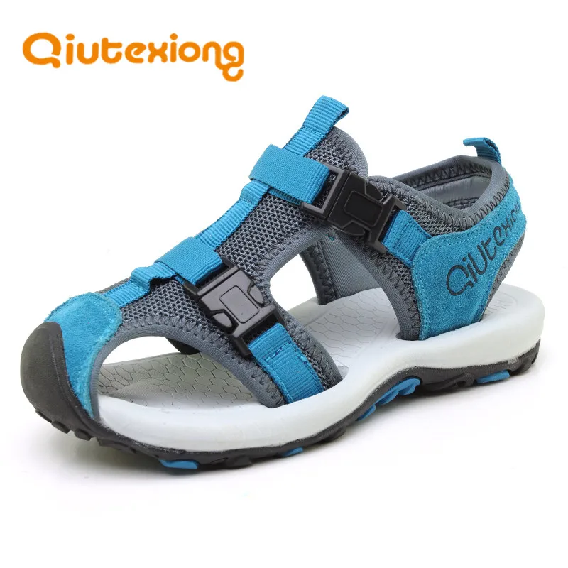 

QIUTEXIONG Children Shoes Boys Sandals Genuine Leather Summer Beach Kids Sandals Breathable Cut-outs Sport School Shoes For Boys