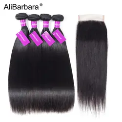 AliBarbara волос Бразильский прямые волосы 4 шт. человека с Связки с закрытием 4x4 бесплатная часть 100% Волосы remy ткет расширение