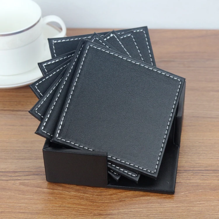 Set of 6PCS Square Leather Cup Mats PU Leather Coasters Mat with Holder