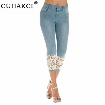 

CUHAKCI Women Lace Jeans Denim Blue Skinny Casual Pants for Female Denim Trousers Women Pencil Pant 4XL Plus Size Jeans 5XL