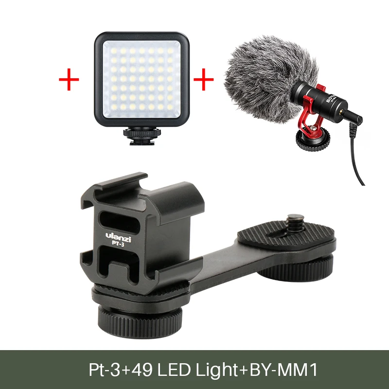 Ulaniz 3 в 1 тройное крепление для холодного башмака пластинчатый микрофон светодиодный видео светильник удлиняющий кронштейн для Zhiyun Smooth 4 Osmo Mobile 2 3 - Цвет: PT-03 w LED BY-MM1