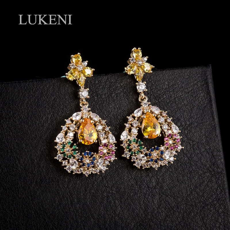 

LUKENI Luxury Red/Multicolor CZ Jewelry Elegant Water Drop Flowers Cubic Zirconia Womens Fashion Drop Dangle Earrings