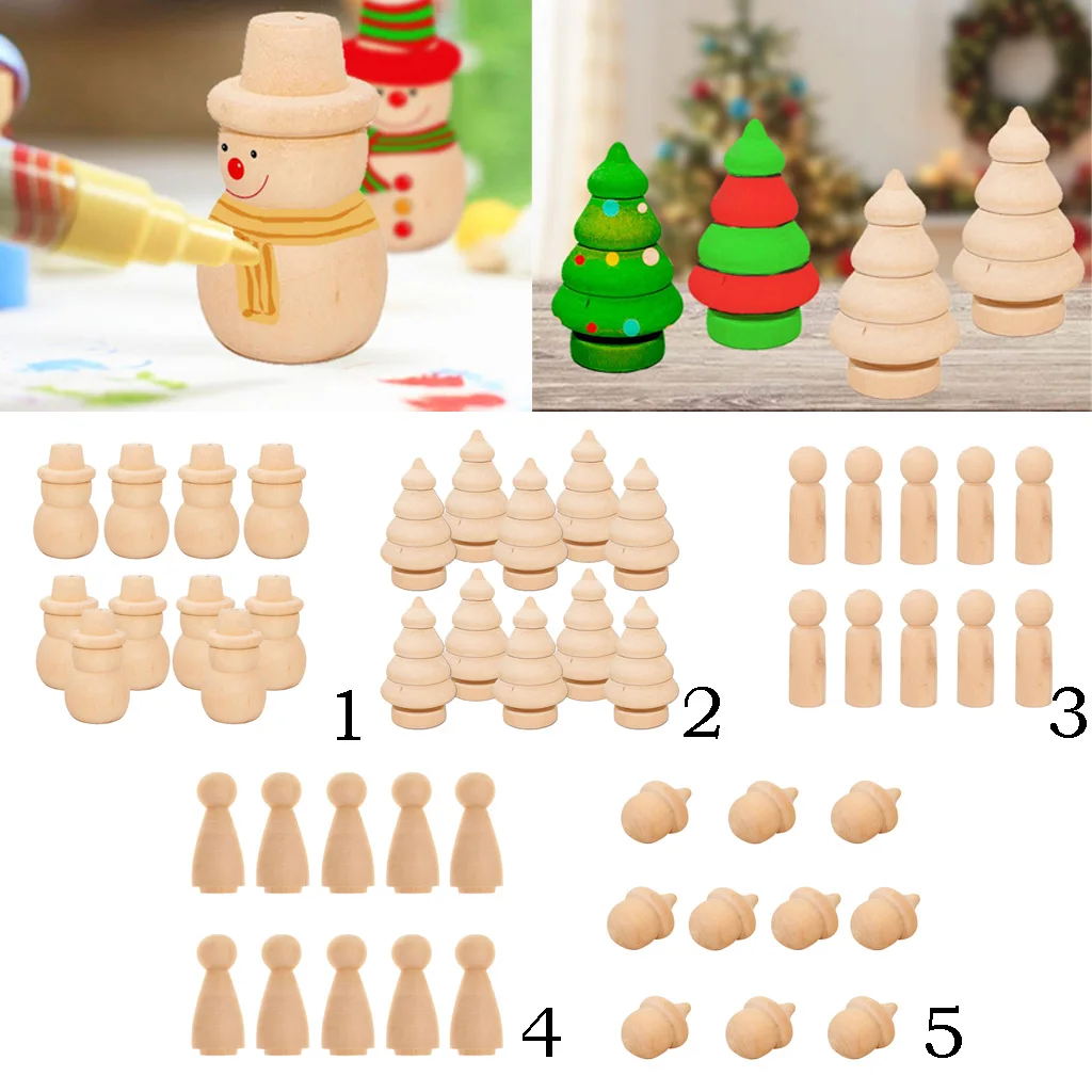 10x Wooden Peg Dolls Acorn Snowman Tree Unfinished Paint Stain DIY Crafts