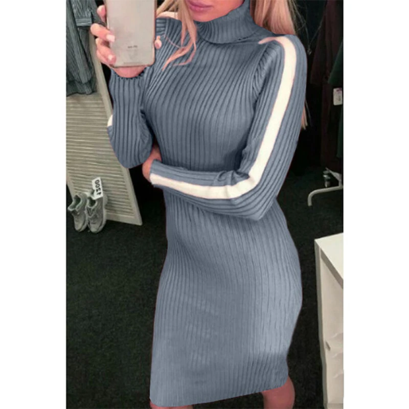 Liva girl High-neck Casual A-line Dress Temperament Color-matching Sweater | Женская одежда