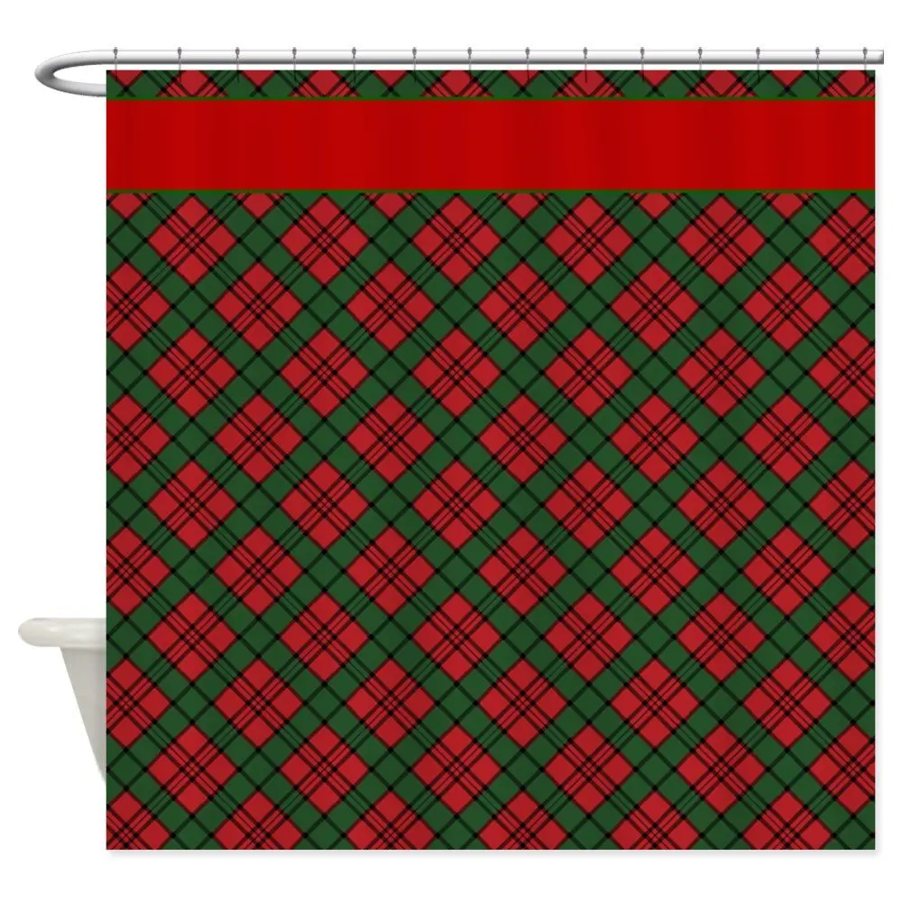Christmas Plaid Decorative Fabric Shower Curtain Set and Anti slip Bath