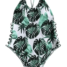 3XL плюс размер рисунок из пальмовых листьев лестница вырезанный купальник женский цельный без косточек с поролоновыми вставками бикини женский пляж ванна без бретелек купальник