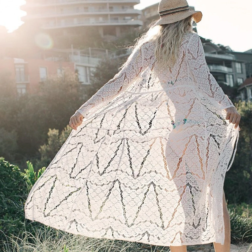 

Women Long Crochet Beach Cover up Robe de Plage Swimsuit Cover up Saida de Praia hollow out beachwear crochet