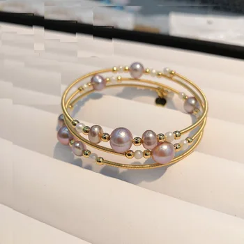 

Handmade Natural Fresh Water Baroque Pearl Double Layer Adjustable Bangle For Women Party Jewelry Bracelet Femme