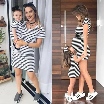 

Mommy and Me Outfits Mother &Daughter Stripe Dress Matching Women Kid Girls Casual Family Clothes