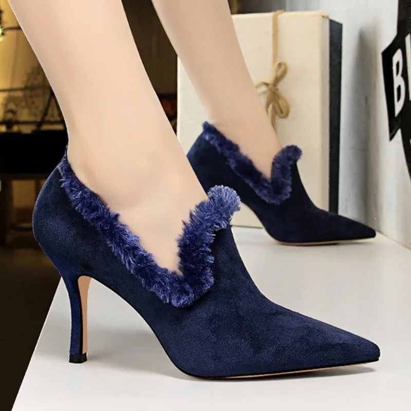 

BIGTREE New Women Pumps Winter Shoes for Women Sexy High heels Furry Wedding Shoes Fashion Office Shoes Women Party Shoes