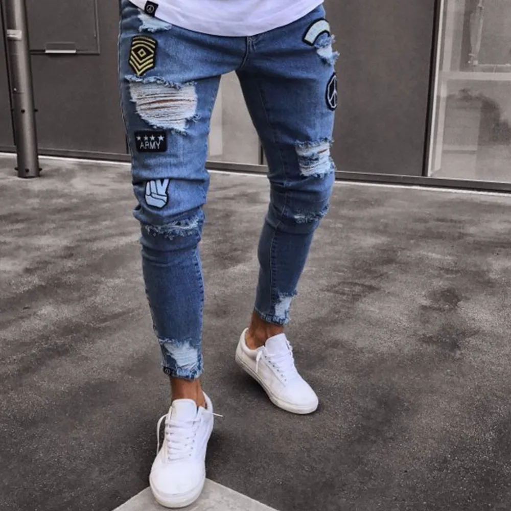 

Ripped Jeans 2019 New Fashion Men Gray Distressed Hip Hop Denim Pants Trousers Men Stretch Jeans Pants Hole Biker Jeans