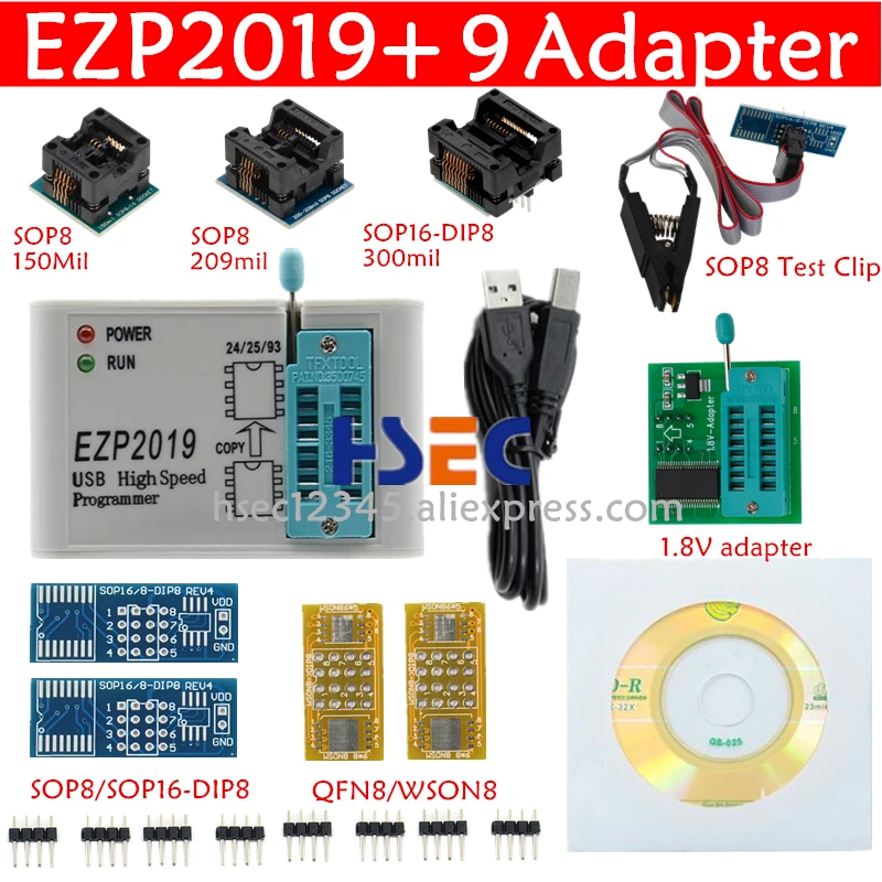 Полный набор EZP2019 высокоскоростной USB SPI программатор+ 12 адаптер SOP8 тестовый зажим sop8/16 1,8 в адаптер гнездо flash bois 24 25 EEPROM