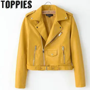 2019 Spring Bright Yellow Women PU Leather Jackets Zipper Leather Coat Turn-down Collar Female PU Jackets Pink Black Color