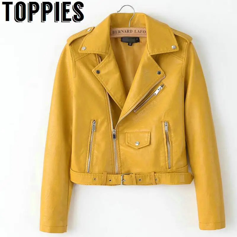 Promo 2019 Spring Bright Yellow Women PU Leather Jackets Zipper Leather Coat Turn-down Collar Female PU J