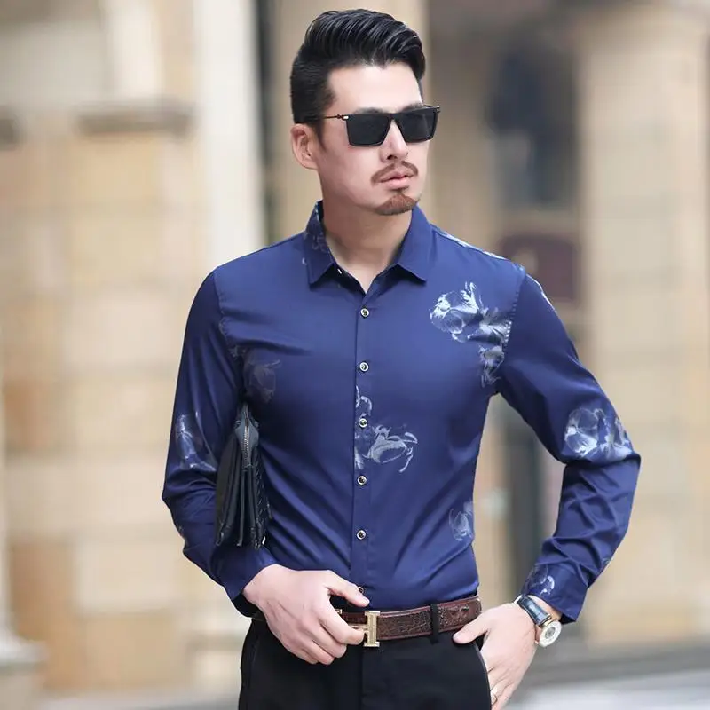 

Mens Dress Shirts Flower Print Floral Blouse Men Short-sleeved Hawaiian Shirts Men White black purple