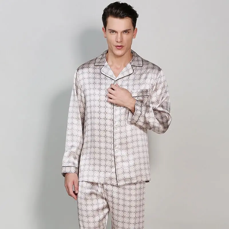 High-Grade Real Silk Men Pajamas Long-Sleeved Pajama Pants Sets For All Season 100% Mulberry Silk Pijama Masculino Pyjama Suit