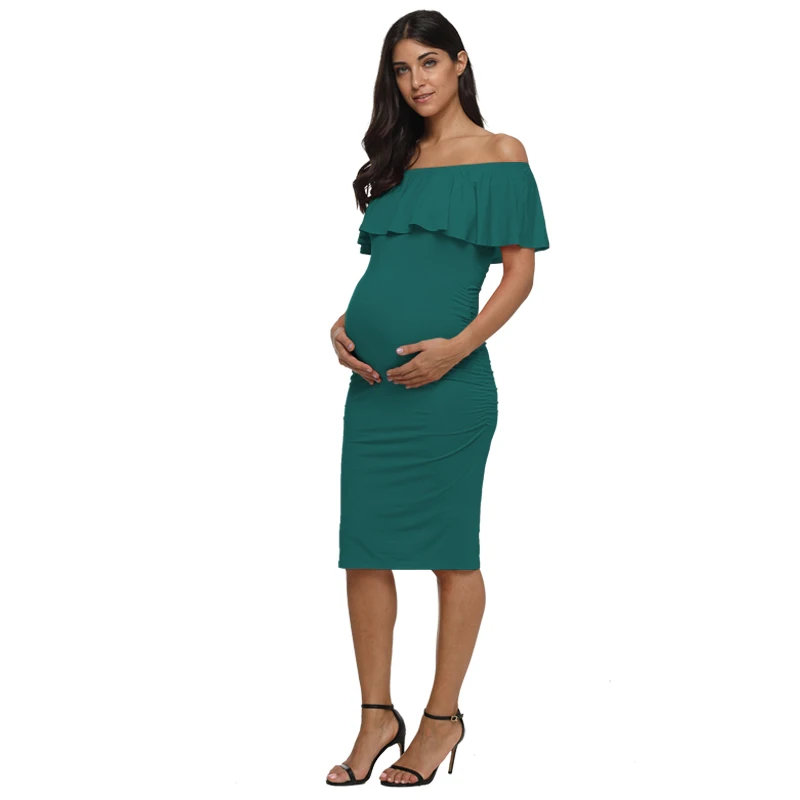 Платье для беременных с рюшами и открытыми плечами; женское платье с оборками; Одежда для беременных с рюшами по бокам; Цвет зеленый; облегающее платье для беременных