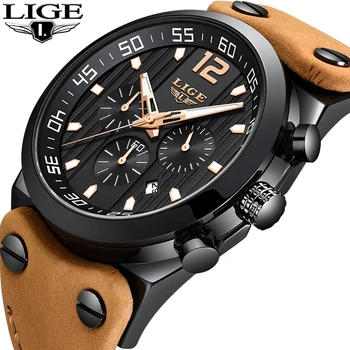 LIGE Men Watches Top Brand Luxury Chronograph Male Casual Leather Quartz Watch Men Sport Waterproof Watch Relogio Masculino+Box top leather watch box fashion pu black brand watch gift box hot sale watch storage boxes for men s luxury watch w025