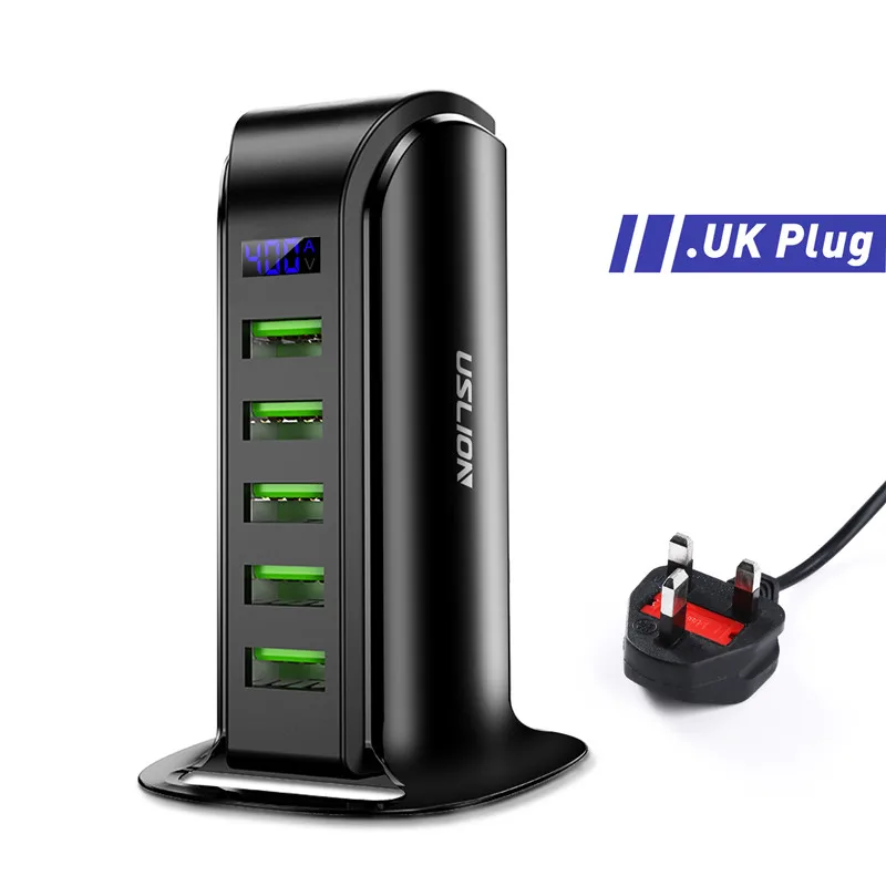 USLION 5 Port USB Charger HUB LED Display Multi USB Charging Station Dock Universal Mobile Phone Desktop Wall Home EU UK Plug 65 watt charger phone Chargers