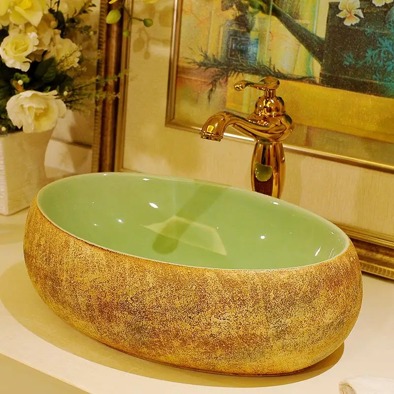 Frosted Green European style oval Jingdezhen artistic basin wash basin ...