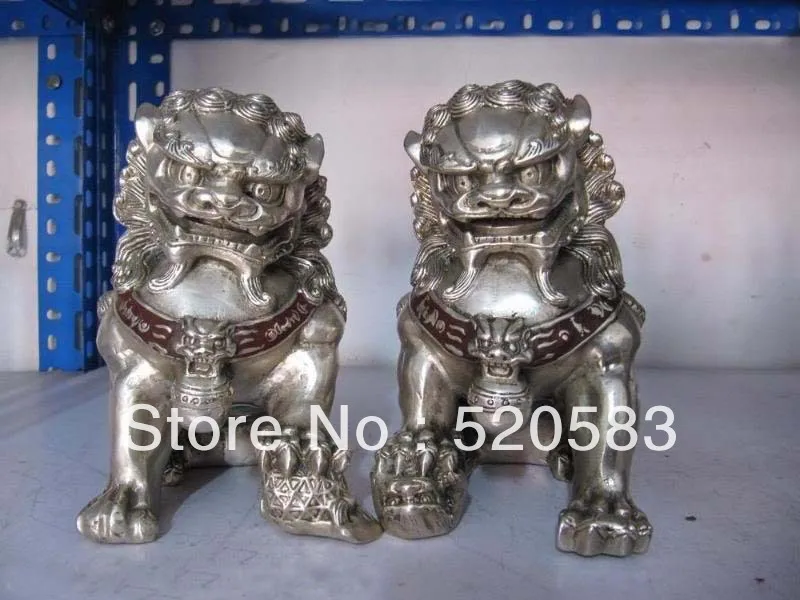

Chinese regius Copper Silver talisman Kirin kylin beast Door Foo Dog Lion Pair