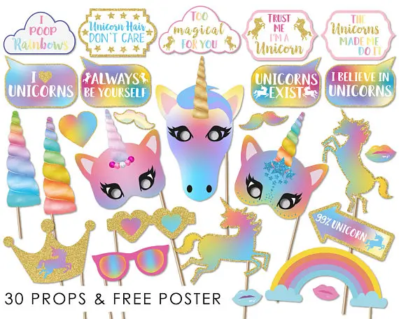 30pcs/set Unicorn Happy Birthday Photo Booth Props Baby Shower Wedding Party Photobooth Decorations Party Supplies PZ126 - Цвет: PZ126