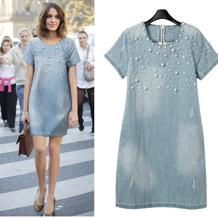 Women jeans dress NEW 2015 pearls sexy denim dress fashion plus size