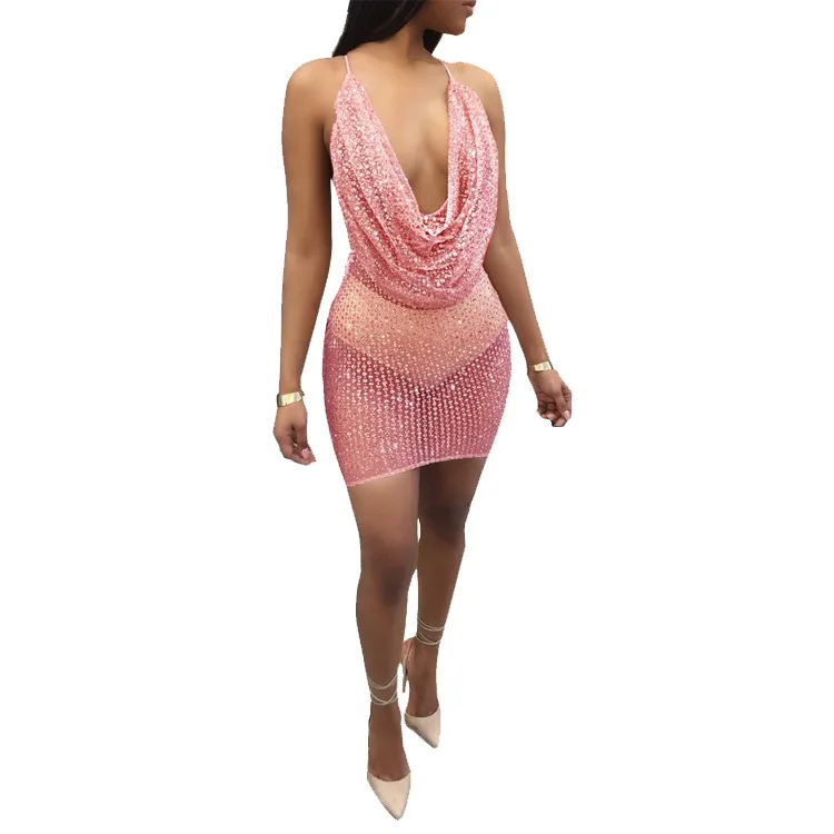 

2018 Summer Women dress New deep Sexy V-neck Backless Luxury Party Club Wear Mini Sequined Dress vestidos de fiesta plus size