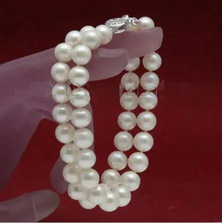 

Hot selling free shipping********Beautiful AAA lovely 2 row 9-10mm white freshwater cultured pearl bracelet 8