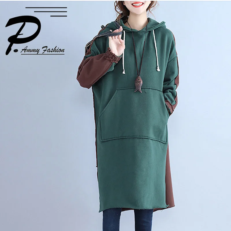 

Women's Plus Size Green Coffee Color Stitching Loose Thick Cotton Sweatshirt Hooded Long-Sleeved Pullover Hoodies Jumper Tunic