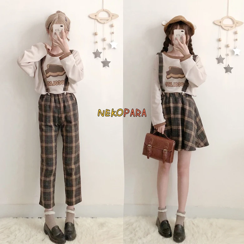 

Cute Cartoon Women's Pullover Hoodie+Plaid Woollen Rompers Trousers/A-Line Mini-Skirt Set Preppy Style 2018 Autumn Women Fashion