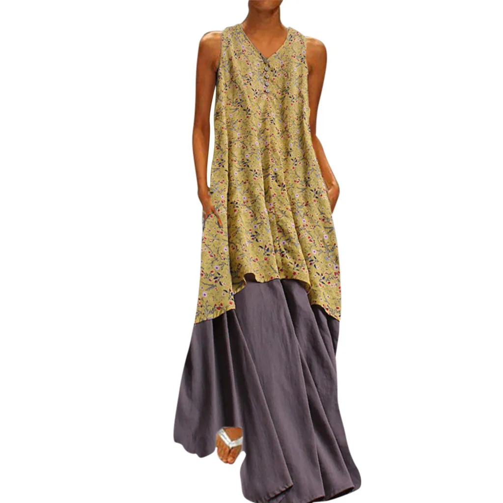 

Vintage Long Dress For Women Ladies Bohemian Flower Print Maxi Dresses Fashion Cotton And Linen Sleeveless Vestidos Plus Size
